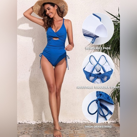 2025  Ribbed Swimsuit Tummy Control High Cut BathingSuit Sexy V Neck Criss Cross - Picture 2 of 7